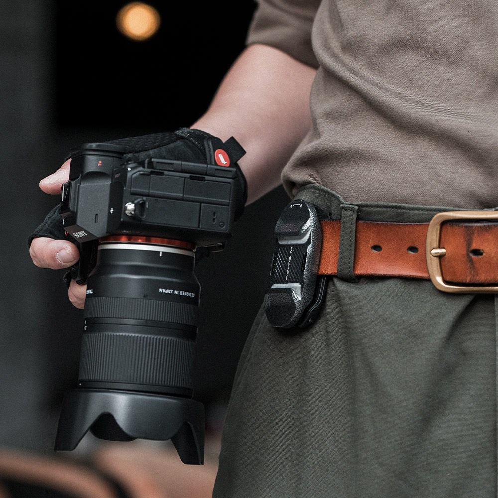 Keep your camera at your hip and ready to shoot with the Beetle Camera Clip V2 on your belt.
