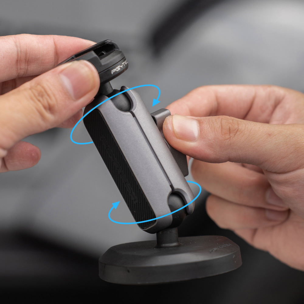 the CapLock Action Camera Magnetic Mount is featured with 360° rotation and 180° tilt  , both secured with a single twist