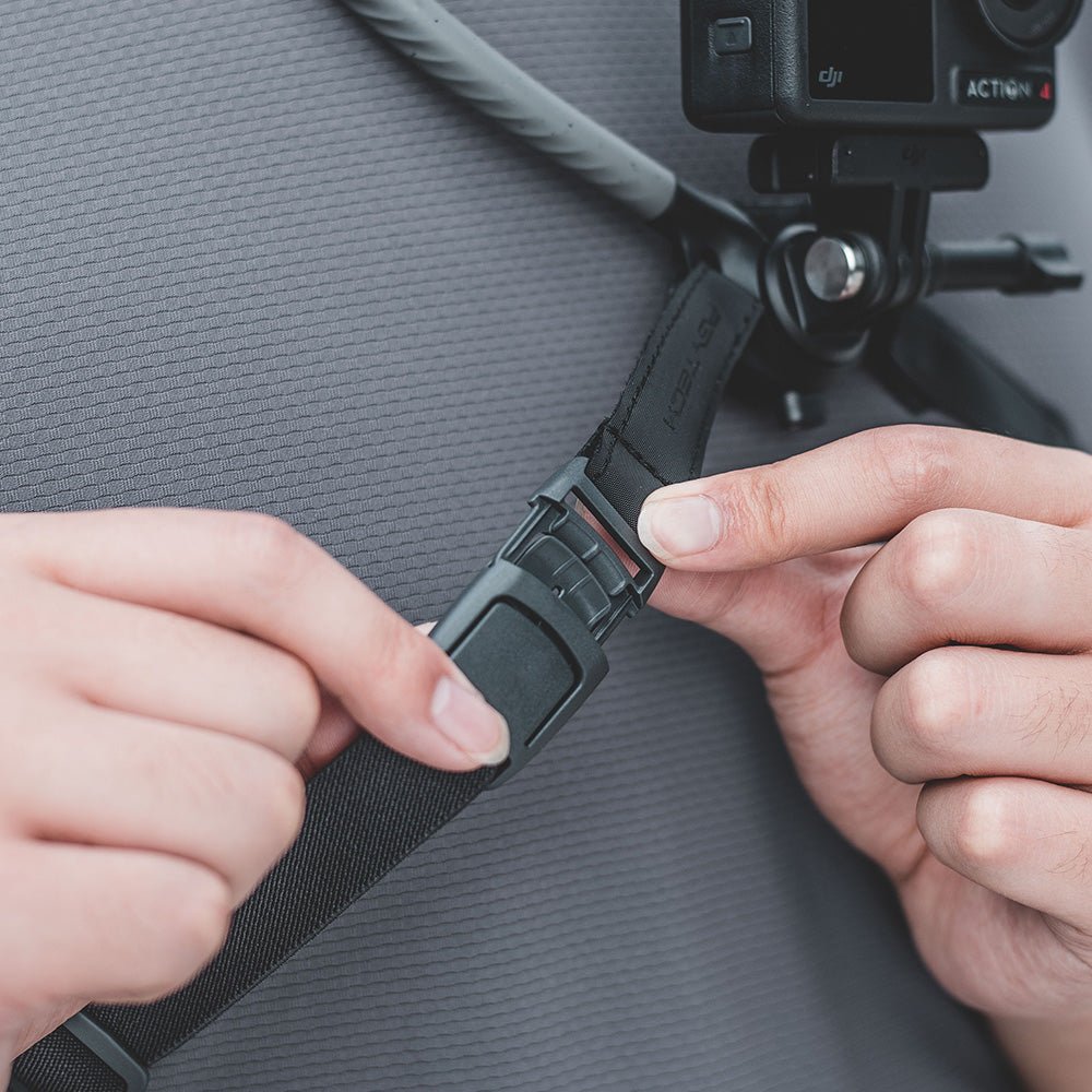 CapLock Action Camera Neck Mount Max: Elastic webbing with user-friendly buckle for easy adjustment, fitting various body types