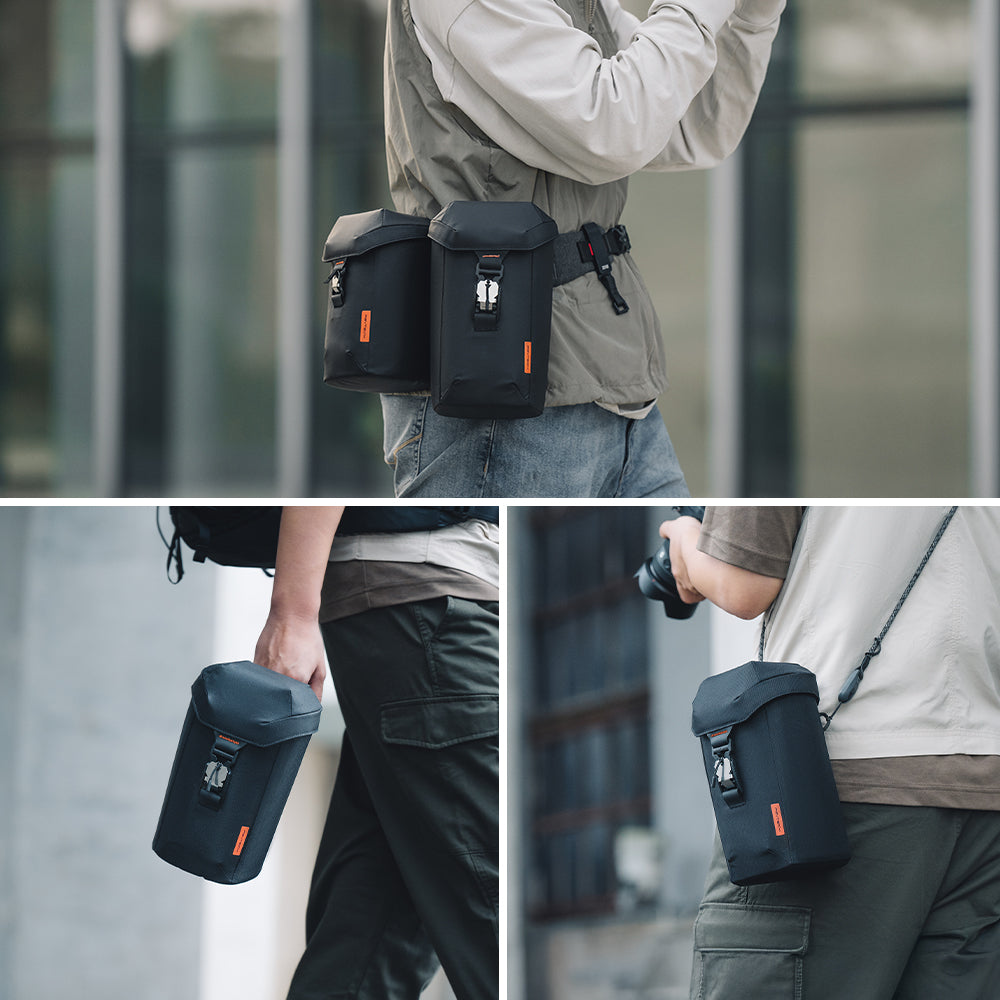 Different ways of carrying the lens cases.