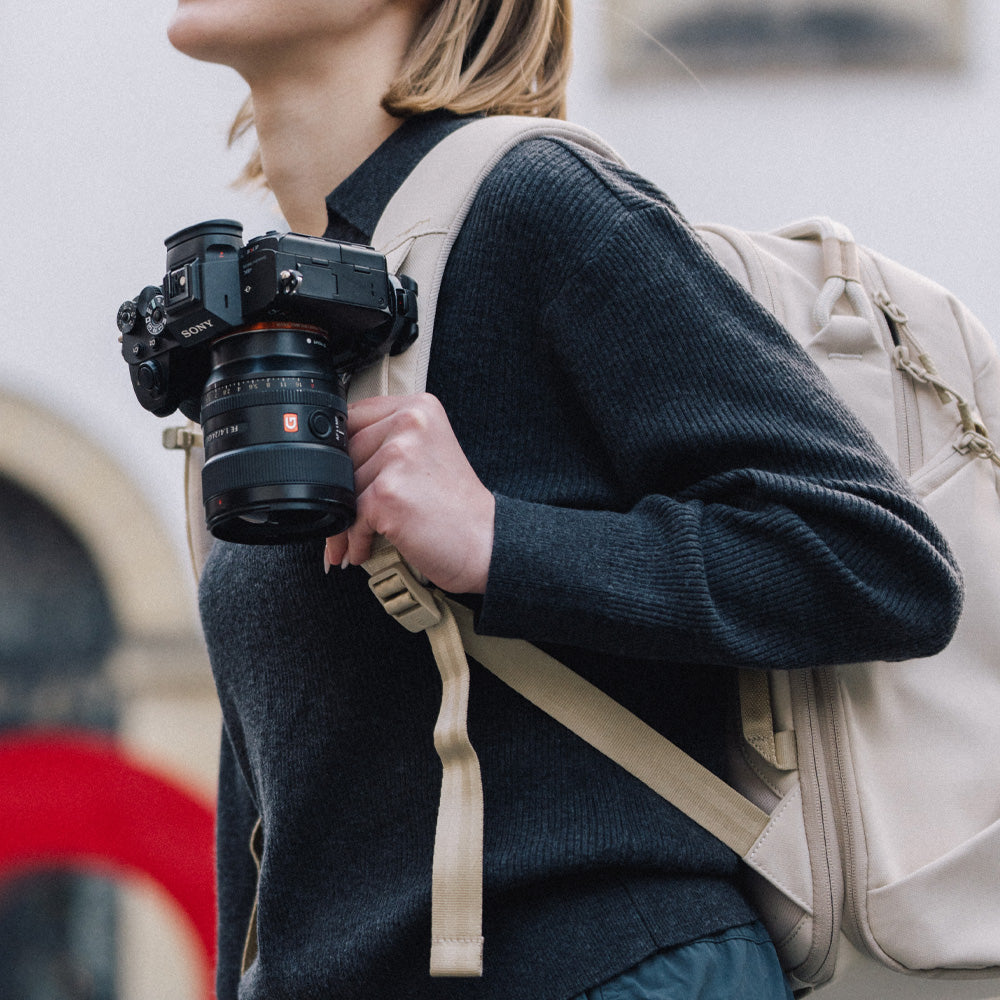 OneGo Lite Backpack, with quick-attach points on shoulder straps for camera clip.