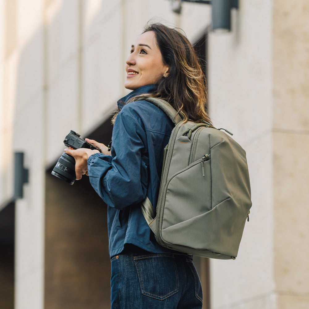 Shooting on the street with the OneGo Lite Backpack.