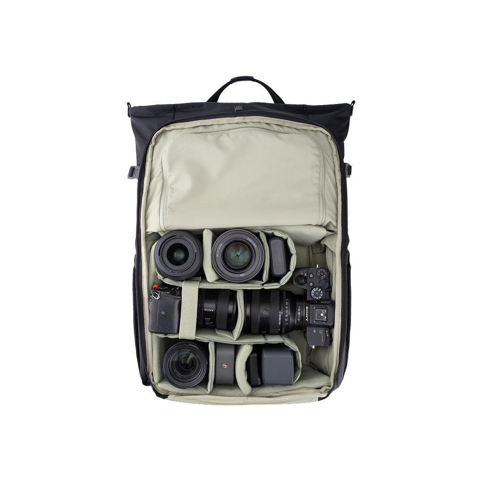 The OneGo Roamer Tote Backpack holds two camera bodies and four lenses with customizable dividers.