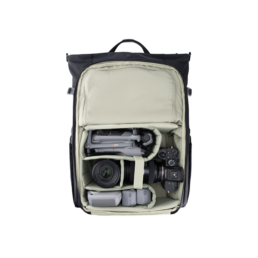The OneGo Roamer Tote Backpack fits one camera, one lens, and a Mavic Air drone kit.