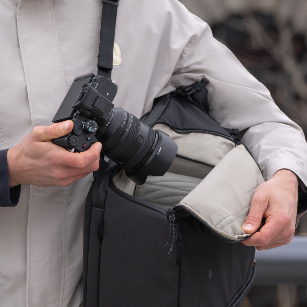 The OneGo Roamer Tote Backpack features a side opening for fast camera access on the go.