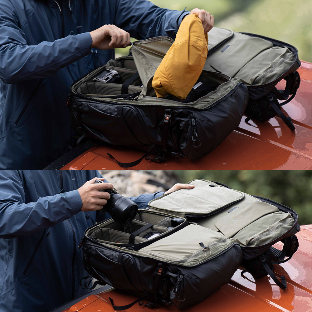 The OnePro Flex Backpack has a garment storage bag.
