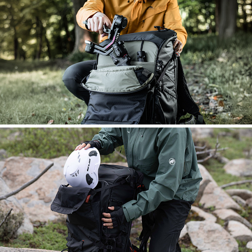 OnePro Focus Backpack：Independent front compartment for stabilizers/sliders; adjustable expansion fits helmets/clothing, keeping gear organized for outdoor shoots.