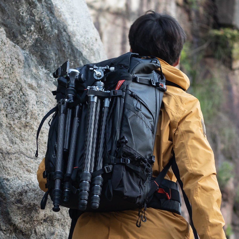 OnePro Focus Backpack: Front panel straps attach tripods, sleeping pads, tents and more