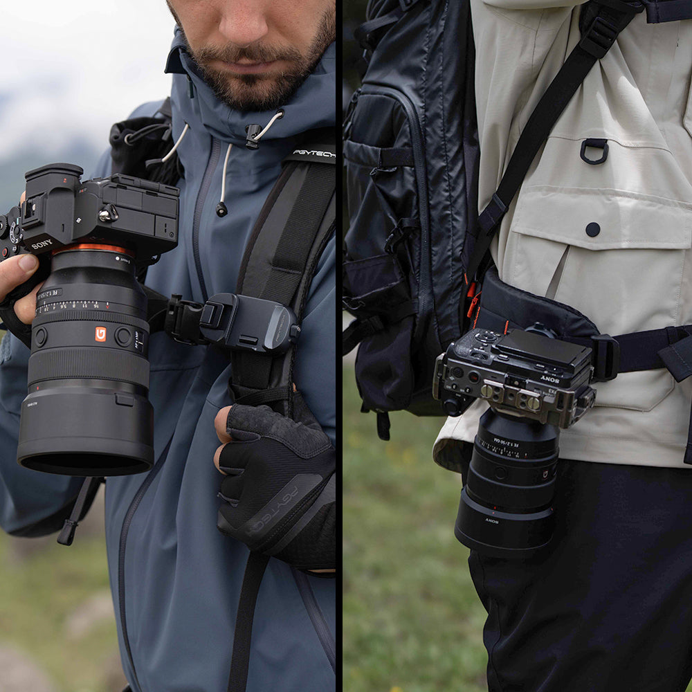 **英文精简版：**
OnePro Focus Backpack: Shoulder and waist straps both feature camera clip attachment points for quick access