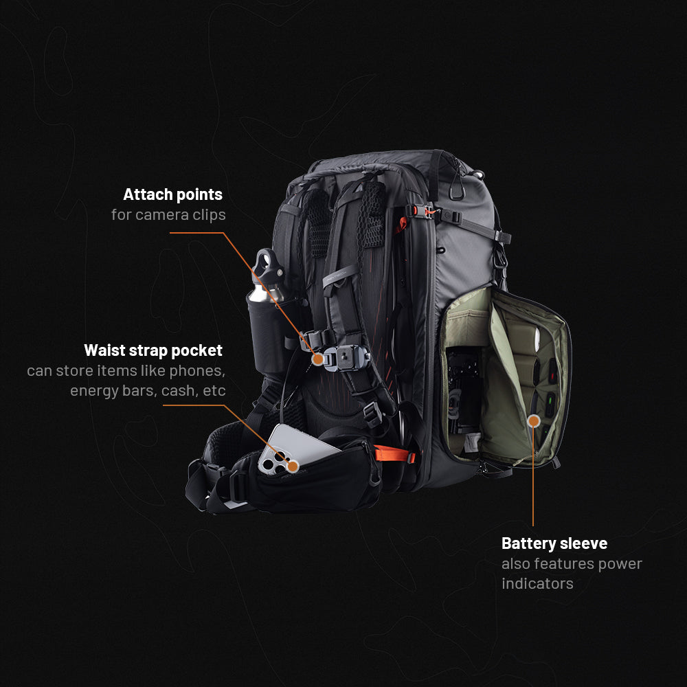 OnePro Focus Backpack: Waist strap pocket, camera clip points, and dedicated battery sleeve