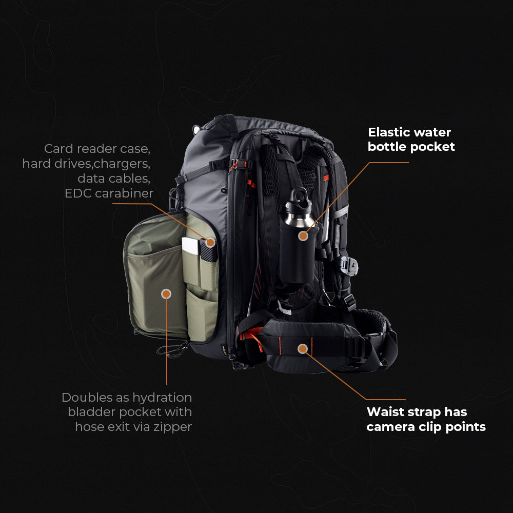 OnePro Focus Backpack: Side pockets for tech accessories/hydration, elastic bottle holder, and waist-mounted camera clip points