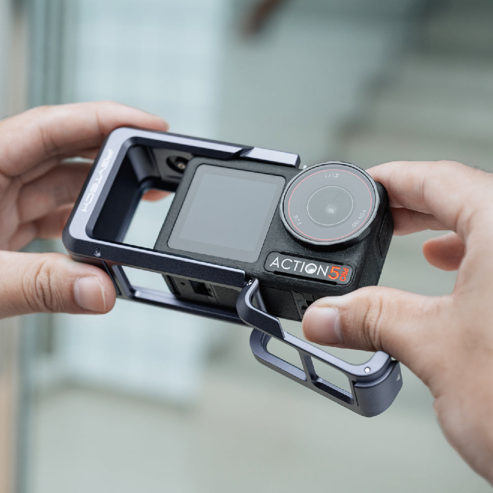 The Osmo Action 5 Pro Camera Cage​ boasts a side snap-on design for quick setup; featuring a snap-on locking mechanism, it allows for effortless installation and removal, ensuring a secure fit to your camera.