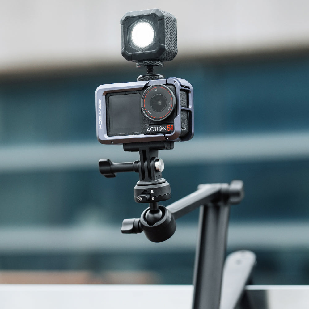 Equipped with a top cold shoe mount for professional accessories, the Osmo Action 5 Pro Camera Cage​ features a built-in cold shoe that lets you attach lights, microphones, or other accessories, expanding your creative potential.