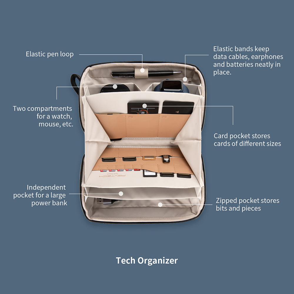 Mini Tech Organizer & Tech Organizer with different pockets inside.